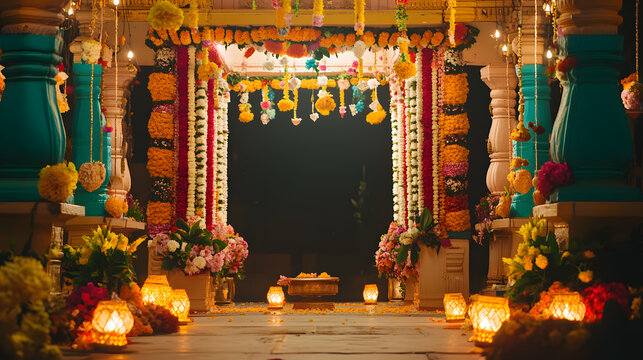 A beautifully decorated Indian wedding mandap at night, adorned with vibrant flowers, garlands, and glowing lanterns. The scene is illuminated creating a warm and inviting atmosphere.