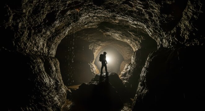 Solitary Explorer in Dark Cave Silhouette Person Backpacker Underground Journey Adventure