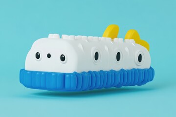 Cute, floating, block toy vessel.  Features playful design, bright colors, and simple, kid-friendly elements