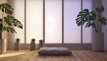 Minimalist meditation room with sunset view