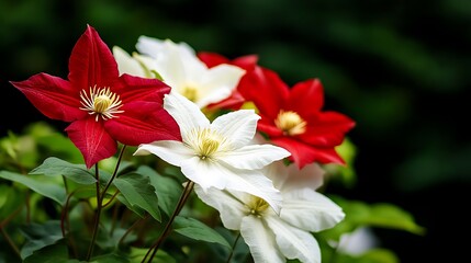 Obraz premium Red and White Clematis Blossoms in a Lush Garden AI Generated