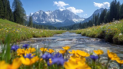 A sunny mountain river landscape features clear water flowing through green grass and colorful wildflowers, creating a breathtaking view