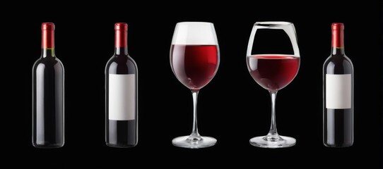 Variety of Wine Bottles and Glasses on Black Background  Red Wine Bottle, Glasses Filled with Red Wine.