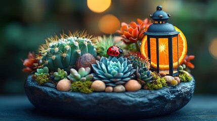Fototapeta premium a textured dark stone planter featuring various cacti red foliage decorative moss a mini lantern and a charming orange slice with a ladybugcartoon style