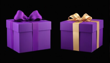 Obraz premium Two Elegant Rectangular Gift Boxes with Purple and Gold Ribbon Tied in Bows on Black Background 3D Rendering