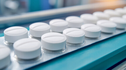 A close-up view of white tablets neatly arranged on a production line, showcasing the pharmaceutical manufacturing process.