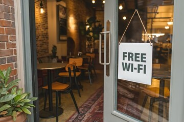 free wifi sign at coffee shop door. Service offer