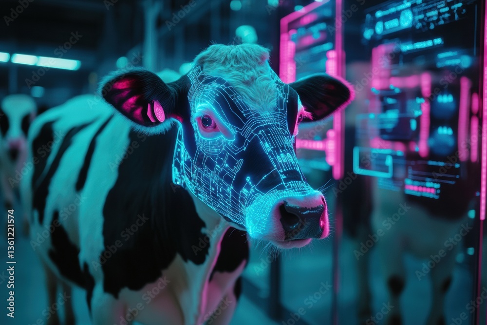 Aufkleber Innovative smart farm with cows and sheep in a futuristic environment featuring biometric sensors and holographic data displays Generative AI
