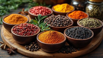 A vibrant kitchen scene with a variety of spices and herbs displayed in bowls and jars, showcasing the rich flavors and aromas of global cuisine