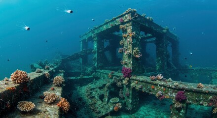 Underwater Scene Sunken Wreck Covered in Vibrant Coral Reef and Fish