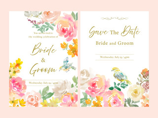 Wedding invitation card design set with abstract pink roses, peonies, birds and wild flowers painted in watercolor. A hand-drawn vector card template set with flowers for spring and summer.