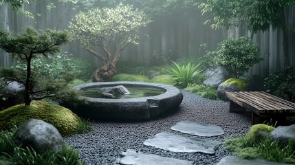 A serene Zen-inspired small-space garden with a central water feature--a small stone basin with trickling water flanked by a low stone bench and a bonsai display, surrounded by moss-covered rocks