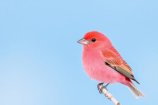 single vibrant bird perched on delicate branch against clear blue sky showcasing nature simplicity