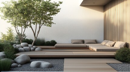 Photorealistic image of a modern Japanese Zen garden with a sleek, minimalist wooden deck, a low sofa with neutral cushions, and a carefully arranged rock garden.
