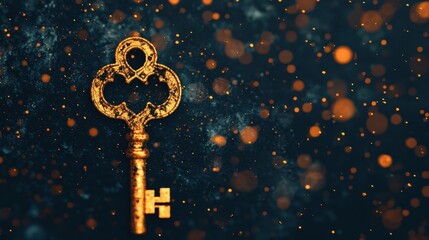 Vintage Gold Key with Decorative Handle Against a Dark Background with Glowing Bokeh Lights and Dust Particles