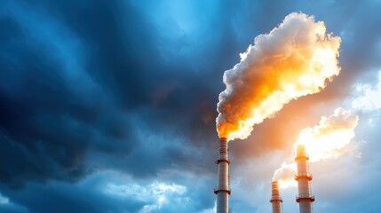 Fototapeta premium Dramatic industrial landscape with thick smoke billowing from factory chimneys against a moody stormy sky filled with ominous dark clouds Concept of environmental pollution global warming