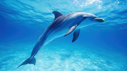 Fototapeta premium dolphin gracefully swims underwater in clear blue ocean