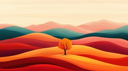 Vibrant Autumn Landscape with Lonely Tree in Rolling Hills of Warm Colors and Soft Curves