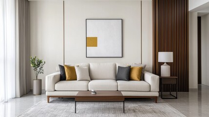 Modern Living Room Interior with Minimalist Sofa, Coffee Table, Accent Pillows, and Elegant Wall Art