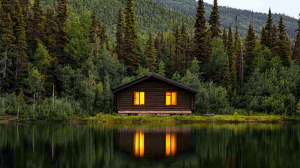 Fototapeta premium Environmental crisis secluded mountain cabin with glowing windows reflects on tranquil lake