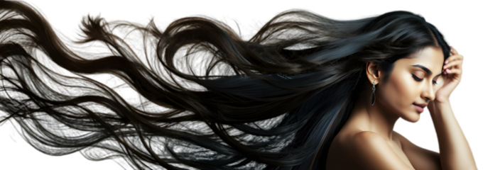 A side view of a woman model profile shot with long, flowing black hair, exuding grace and beauty. Her calm and peaceful expression is captured against a dark backdrop, highlighting her elegance.