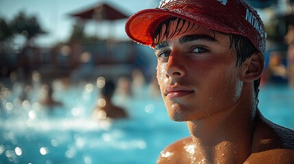 A vigilant lifeguard on duty at a busy water park, ensuring the safety of all swimmers and maintaining a secure environment