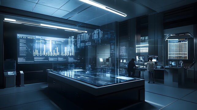 Futuristic control room with holographic displays showing data streams and graphs. Two figures work at computer stations, immersed in a technologically advanced environment.