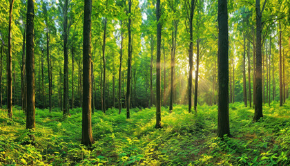 Obraz premium Sunlit Forest Landscape Lush Green Trees and Ferns