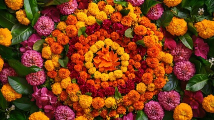 Vibrant mandala of marigolds, zinnias, and other flowers arranged in a colorful circular pattern. Lush green foliage complements the bold blooms, creating a stunning floral display.