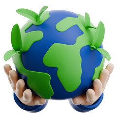 3D Icon of Hands Holding a Colorful Earth with Green Leaves on a Transparent Background