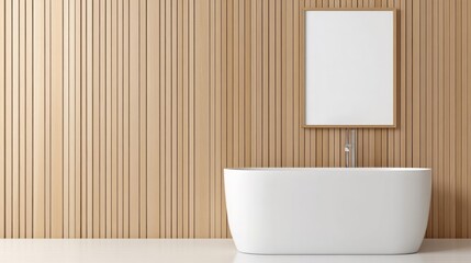Fototapeta premium Elegant white bathtub stands against wood paneled wall with artwork