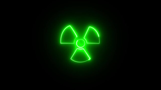 Radiation icon button, radioactive sign. A animation of the radiation warning symbol on a black screen. This attention-grabbing visual for emphasizing caution, danger, and risk in nuclear chemicals.