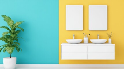 Modern bathroom interior with double sink and colorful wall