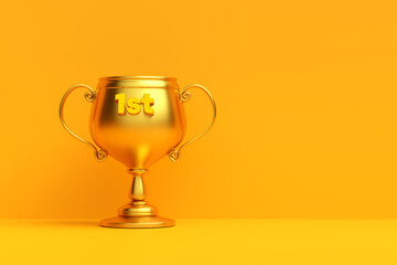Golden trophy celebrating first place achievement on orange background
