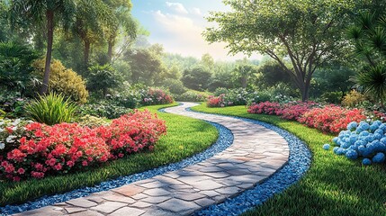 Obraz premium A winding garden pathway surrounded by vibrant flowers and lush greenery, evoking a sense of tranquility and offering a peaceful escape from the hustle and bustle of everyday life
