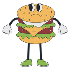 Burger Retro Mascot Character. Vector Illustration in Groovy Design Style.