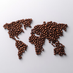 Coffee beans form world map on white background