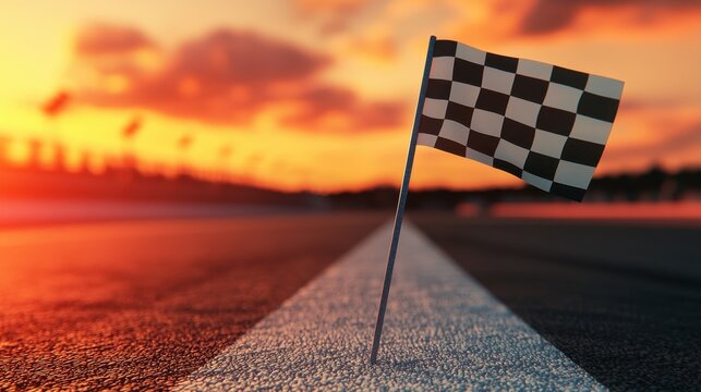Checkered Flag at Sunset on Racing Track Symbolizing Victory and Finish Line in Motorsports Enthusiast's Dream