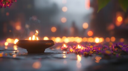 A dimly lit scene with a burning oil lamp in the foreground, surrounded by purple flowers and soft bokeh lights in the background, creating a serene and peaceful atmosphere.