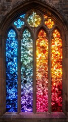 A vibrant stained glass window displaying a spectrum of colors from blue to red, featuring intricate designs and gothic architecture.