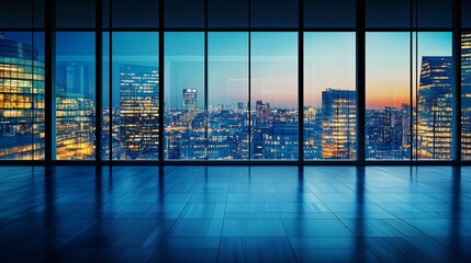 Fototapeta premium An empty room overlooking a glowing urban cityscape at dusk