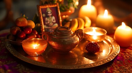 A beautiful and serene scene of a Hindu puja thali, adorned with candles, fruits, and a golden pot.  The warm glow creates a spiritual atmosphere.