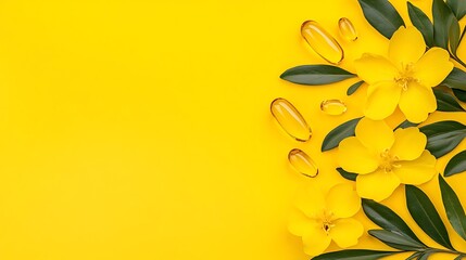 Obraz premium Vibrant Yellow Floral Flat Lay: Omega-3 Capsules & Blossoms AI Generated