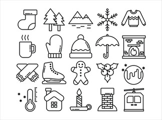 A collection of winter-themed icons, including a snowflake