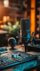 close-up shot of a professional studio microphone with a soundboard. The image is well-lit with a blurred background, creating a sense of depth and focusing attention on the microphone