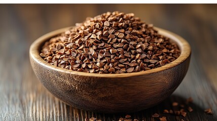 a wooden bowl filled with brown zerliktohumu peganum harmala seeds sits on a wooden surface the small angular seeds are heaped together showcasing their earthy and natural appearance