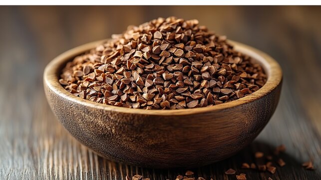 a wooden bowl filled with brown zerliktohumu peganum harmala seeds sits on a wooden surface the small angular seeds are heaped together showcasing their earthy and natural appearance
