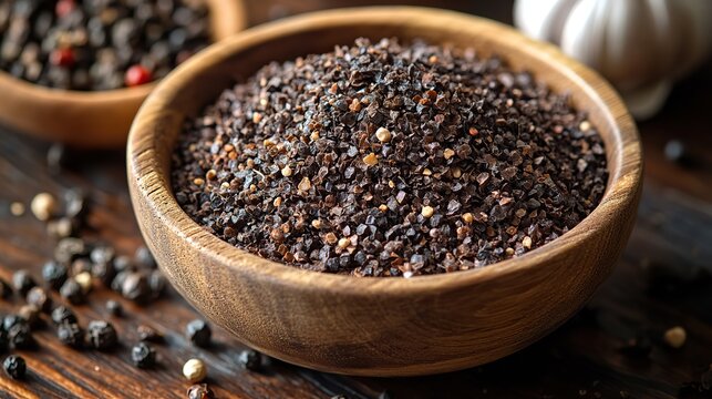 a wooden bowl filled with dark finely crushed isotbiber urfa pepper sits on a wooden surface the deep rich color of the pepper flakes highlights their smoky and mildly spicy nature