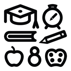Black Silhouette School Icons – Graduation Cap, Pencil, Apple, Book, Clock, Art Supplies