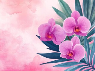 Obraz premium Beautiful pink orchids surrounded by green leaves on a soft pink background.